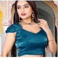 thumbnail image 1 of Women's Readymade Satin Blouse with Sweetheart Neck & Pleated Sleeves – Teal Blue, 1 of 2