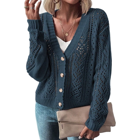 Women's Real Teal Open Knit Drop Shoulder Sweater Cardigan