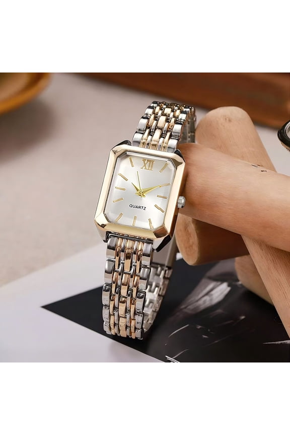 Women’s Rectangle Roman Numeral Quartz Watch,30M Waterproof Mineral Crystal Alloy Case Stainless Steel Link Band Elegant Ladies Dress Wristwatch