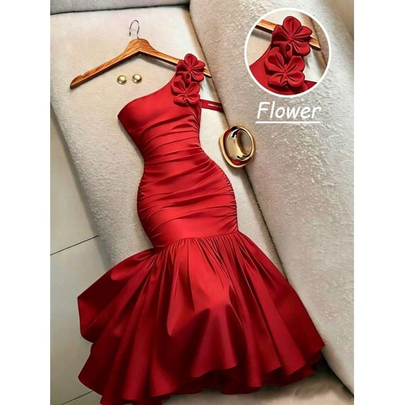 Women's Red 3D Floral Asymmetric Shoulder Bodycon Evening Dress