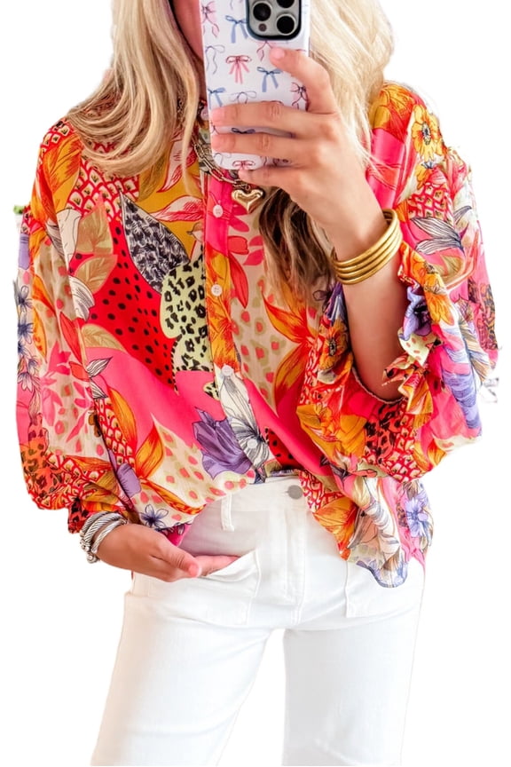 Women's Red Abstract Floral Print Buttoned Ruffled Bubble Sleeve Shirt | [ZhiHiMeRi] | (US 16-18)XL