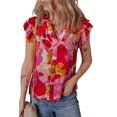 thumbnail image 1 of Women's Red Abstract Print Split V Neck Ruffle Short Sleeve Blouse for Summer | [ZhiHiMeRi] | (US 16-18)XL, 1 of 10