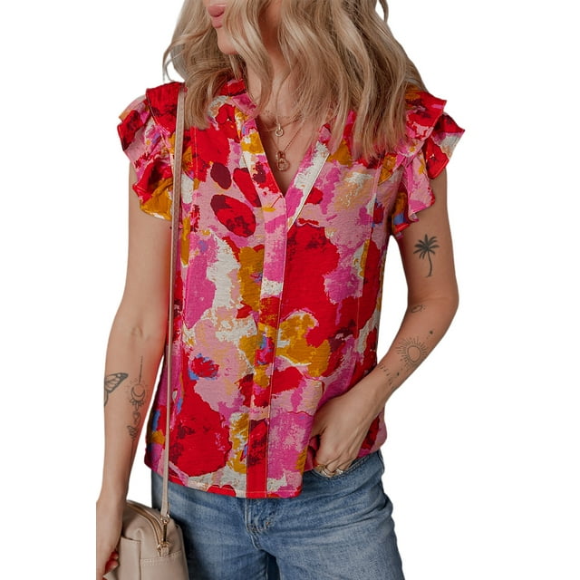 Women's Red Abstract Print Split V Neck Ruffle Short Sleeve Blouse for Summer | [ZhiHiMeRi] | (US 16-18)XL