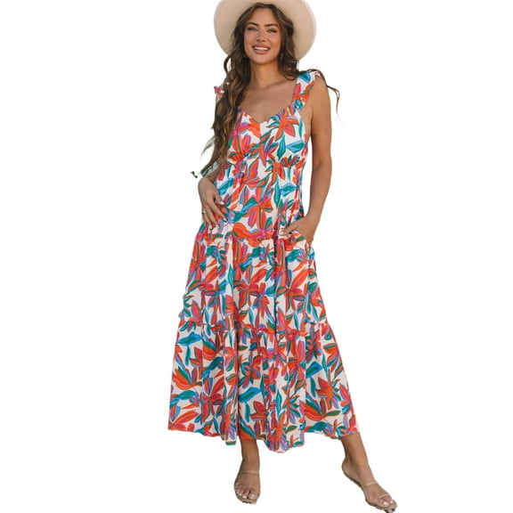Women's Red Boho Floral Ruffled Strap V Neck Maxi Dress for Summer | [ZhiHiMeRi] | (US 16-18)XL