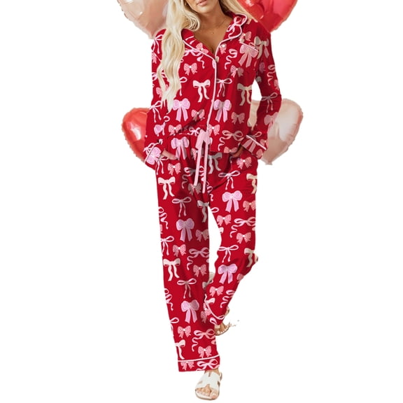 Women's Red Bow Print Pajama Set – Stylish Long Sleeve Top & Pants for Cozy Nights, S