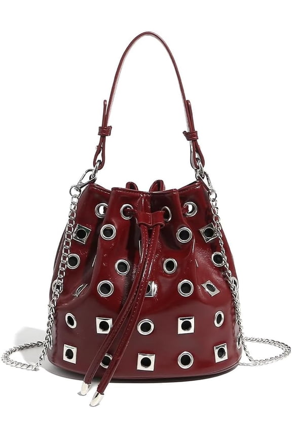 Women's Red Bucket Bag Y2K Handbag Studded Punk Crossbody