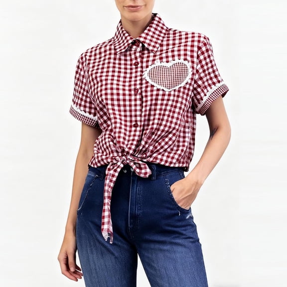 Women's Red Checked Blouse Traditional Costume Top Shirt with Stand-Up Collar and Heart Buttons Fitted Oktoberfest Outfit for Casual Party Streetwear Vacation Fashion Essential Gift for Women