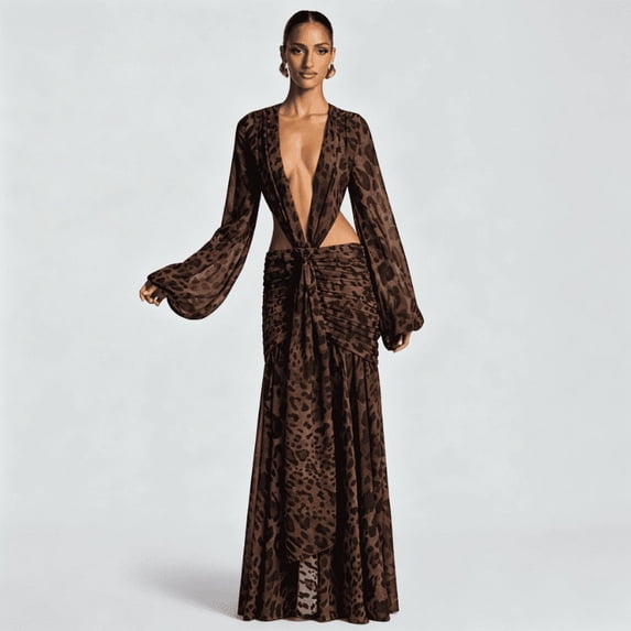 Women's Red Chiffon Deep V Cutout Maxi Dress Long Sleeve Ruched Tie Waist Elegant Evening Party Gown