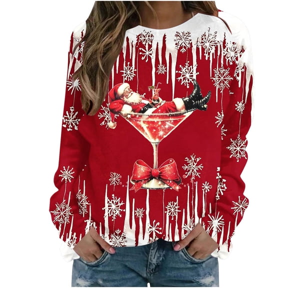 Women's Red Christmas Oversized Pullover Sweatshirt Holiday Xmas Sweater Top Funny Graphic Print Shirt