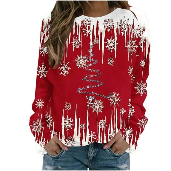 Women's Red Christmas Oversized Pullover Sweatshirt Holiday Xmas Sweater Top Funny Graphic Print Shirt