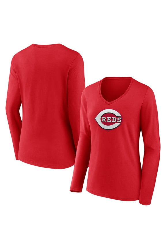 Women's Red Cincinnati Reds Team Color Primary Logo V-Neck Long Sleeve T-Shirt