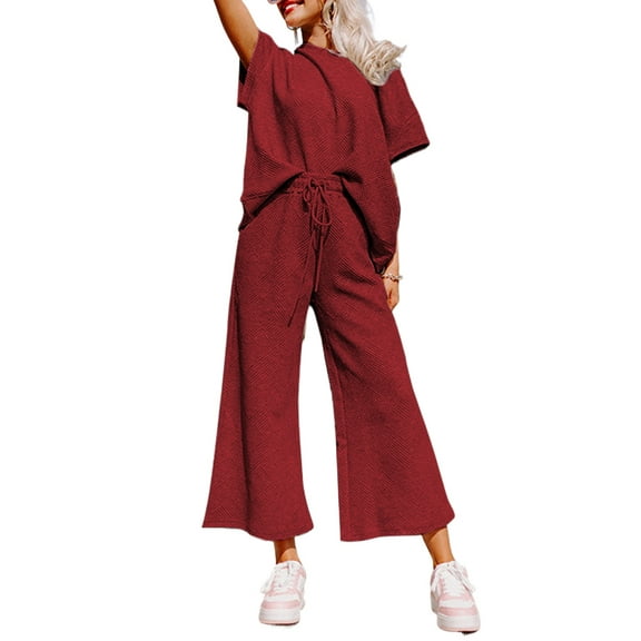 Women's Red Dahlia Textured Loose Fit T-Shirt and Drawstring Pants Set | [ZhiHiMeRi] | (US 4-6)S