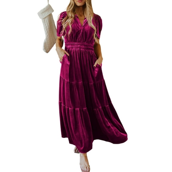 Women's Red Dahlia Velvet Tiered Maxi Dress with Short Sleeves - [ZhiHiMeRi] | (US 12-14)L