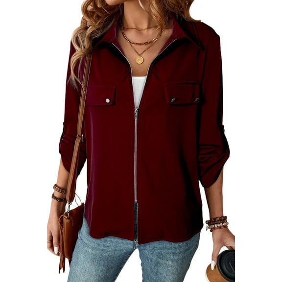 Women's Red Dahlia Zip Up Flap Detail Jacket with Tab Sleeves - [ZhiHiMeRi] | (US 4-6)S