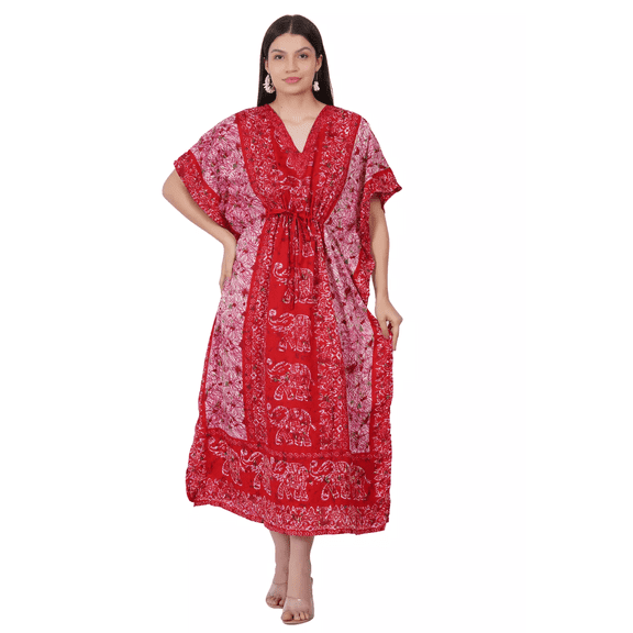 Women's Red Elephant Printed Long Kaftan Maxi Tunic Caftan Gown Top Night Dress One Size