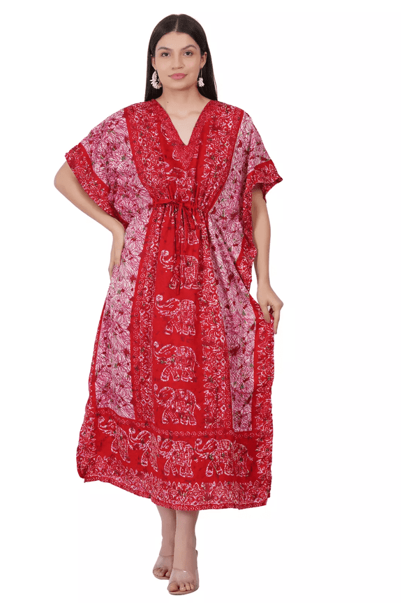 Women's Red Elephant Printed Long Kaftan Maxi Tunic Caftan Gown Top Night Dress One Size