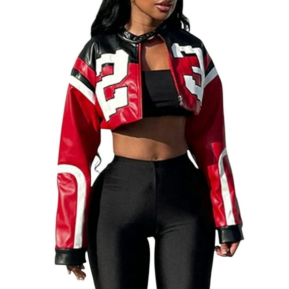 Women's Red Faux Leather Bomber Jacket – Short Zip-Up Coat for Party Christmas New Year Outfits