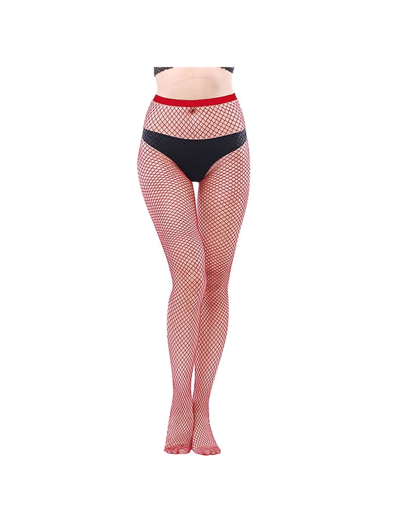 Women's Red Fishnet Tights One Size Sheer Stretchy Mesh Stockings for Party, Cosplay & Daily Wear