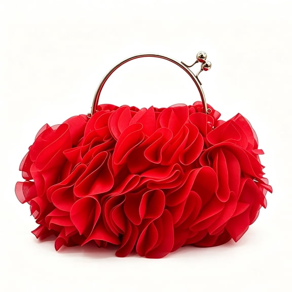 Women's Red Floral Clutch Purse Elegant Ruffle Evening Bag Wedding Party Handbag with Metal Handle