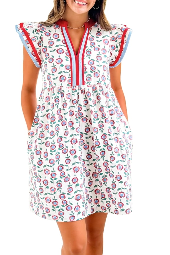 Women's Red Floral Mini Dress – A-Line Shift Dress with Pockets and Flutter Sleeves, XL