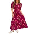thumbnail image 1 of Women's Red Floral Print Maxi Dress – Frilled V Neck Short Sleeve Ruffle Design for Summer Vacations, XL, 1 of 12