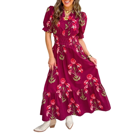 Women's Red Floral Print Maxi Dress – Frilled V Neck Short Sleeve Ruffle Design for Summer Vacations, XL