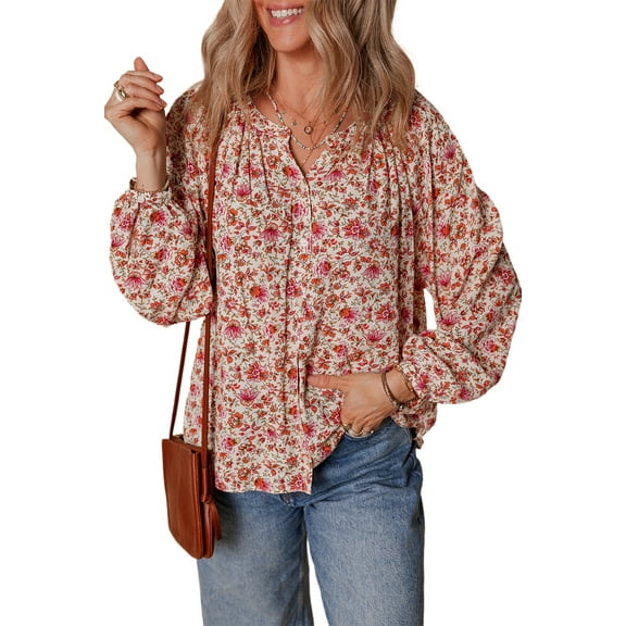 Women's Red Floral Print Pleated Detail Notched Neck Puff Sleeve Blouse | [ZhiHiMeRi] | (US 16-18)XL