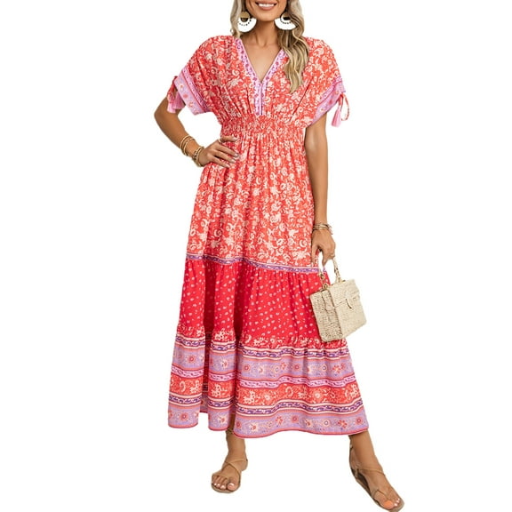 Women's Red Floral Print Tasseled Tied Sleeve Empire Waist Maxi Dress for Summer Vacations | [ZhiHiMeRi] | (US 16-18)XL