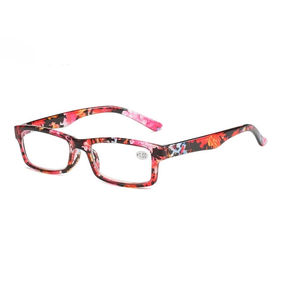 Women's Red Floral Small Rectangle Reading Glasses 3.00 Men's Classic Presbyopic Glasses, HD Plastic Blue Light Blocking Readers +3.00