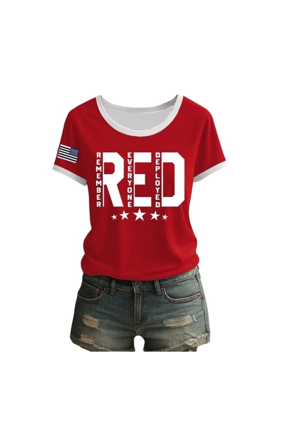 Women's Red Friday Veteran Print T-Shirt Remember Everyone Deployed Flag Floral Patriotic Tee