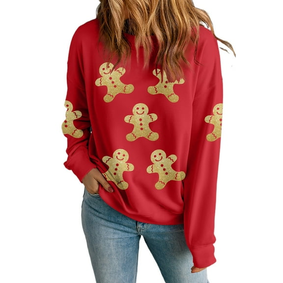 Women's Red Gingerbread Print Christmas Pullover Sweatshirt - Cozy Festive Top | [ZhiHiMeRi] | (US 4-6)S