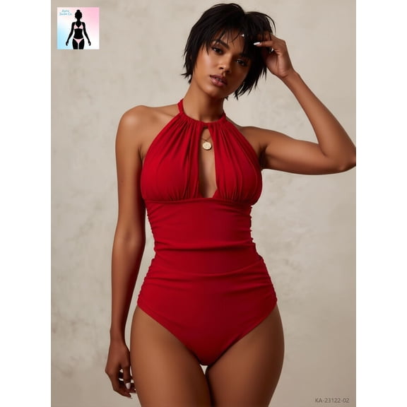 Women's Red Halter One-Piece Swimsuit Ruched Deep V-Neck Bathing Suit with Removable Cups