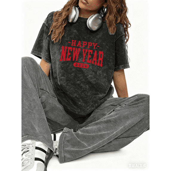 Women's Red Happy New Year 2026 Comfortable T-Shirt Casual Top Retro Typography Graphic Black S-2XL Plus Size