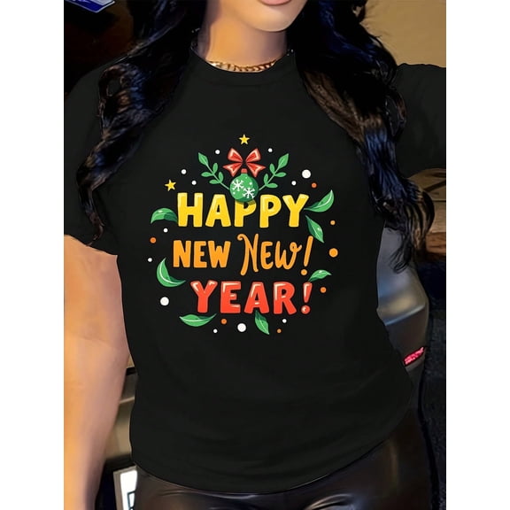 Women's Red Happy New Year T-Shirt - Comfortable Short Sleeve Round Neck Casual Tee With Golden & Green Holiday Design, All-Season Everyday & Party Wear, Holiday Shirts For