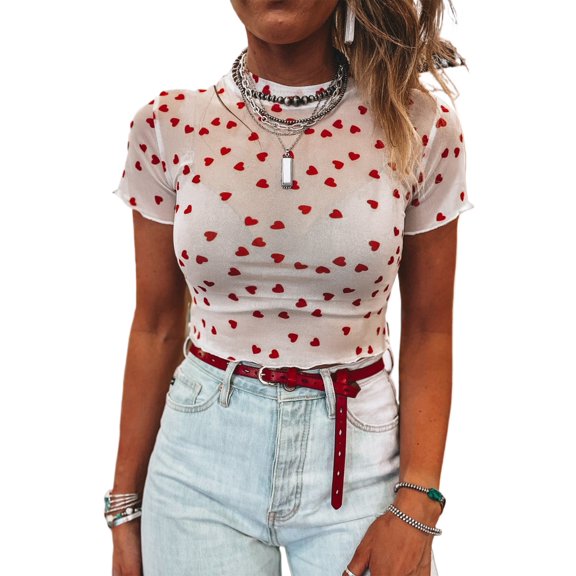 Women's Red Heart Print Mesh Top – Short Sleeve Casual Style for Daily Outings, S