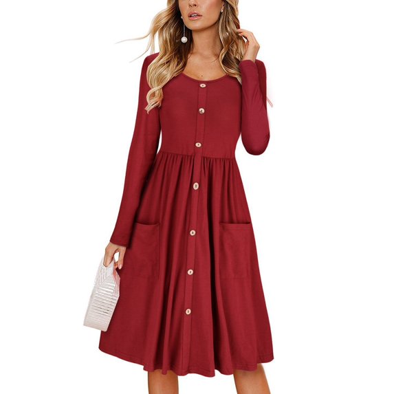 Women's Red High Waist Dress with Long Sleeves, Round Neck, Button Down Front, Pure Color, and Pocket - Size S
