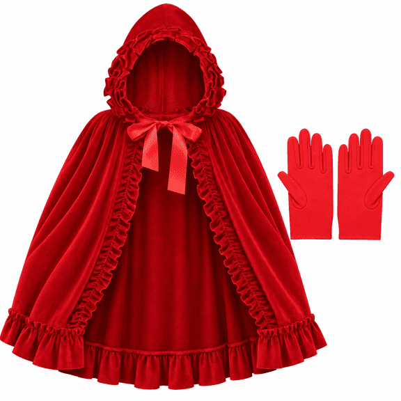 Women's Red Hooded Cape, Short Polyester Halloween Costume, Red TrimWomen’s Red Hooded Cape with Gloves, 35.4 Inch Velvet Halloween Cloak Costume for Cosplay, Costume Party, Renaissance and Themed Dr