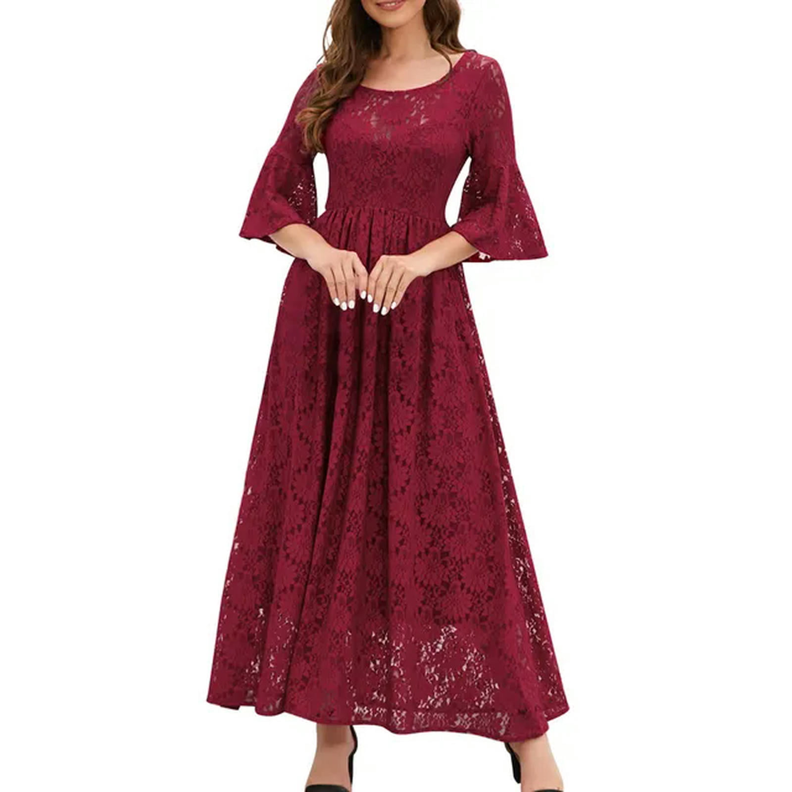 white christmas dresses Straight-Cut Dress, Round Neckline, Bell Sleeves, Embroidered Waist, Front Slit, Watteau Train Light Gray / FR 46