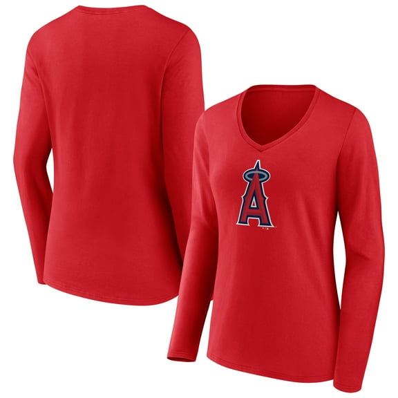 Women's Red Los Angeles Angels Official Logo Long Sleeve V-Neck T-Shirt
