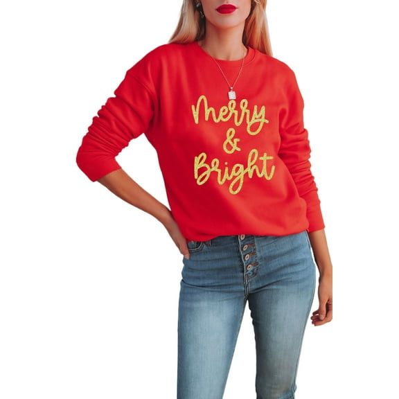 Women's Red Merry & Bright Printed Christmas Pullover Sweatshirt | [ZhiHiMeRi] | (US 4-6)S