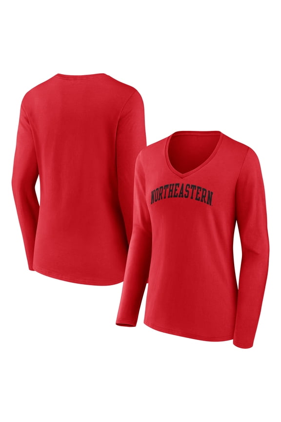 Women's Red Northeastern Huskies Arch Long Sleeve V-Neck T-Shirt