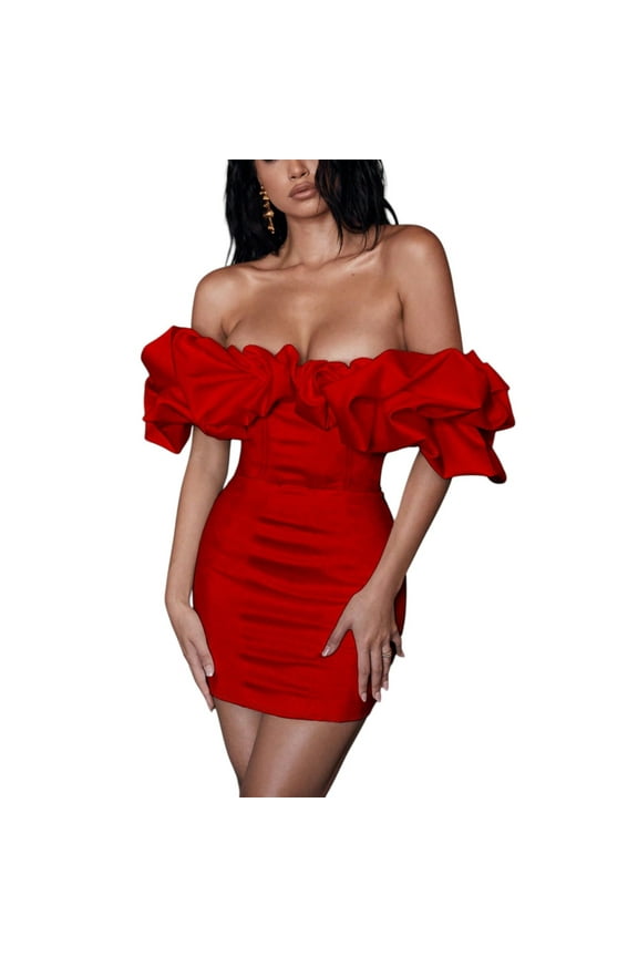 Women’s Red Off-Shoulder Cocktail Dress – Sexy Short Sleeve Bodycon Party Dress for Weddings Christmas New Year  Valentine’s Day