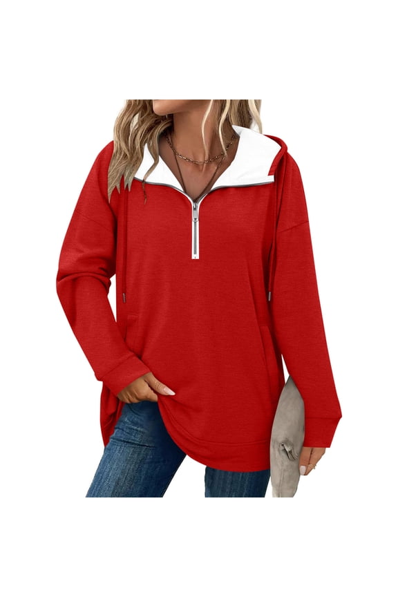 Women's Red Oversized Half Zip Hoodie - Color Block with Pockets, Soft Stretch Nylon Spandex Casual Daily Pullover (S-XXL)