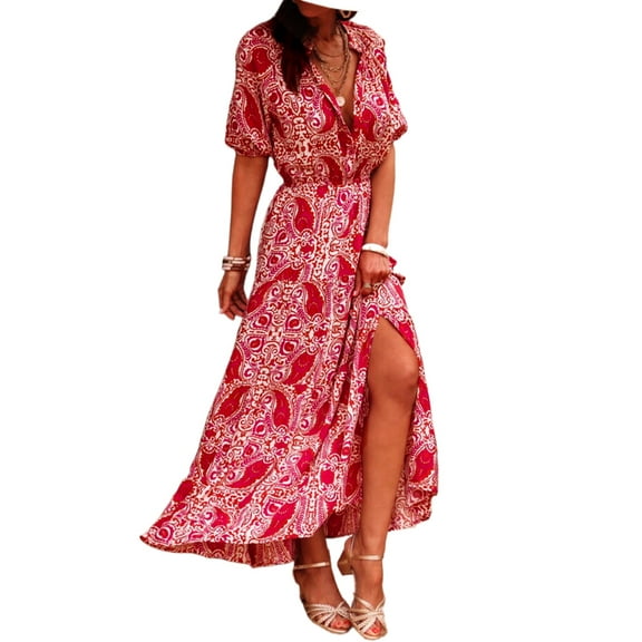 Women's Red Paisley Print Puff Sleeve High Waist Maxi Dress with Side Slit - [ZhiHiMeRi] | (US 12-14)L