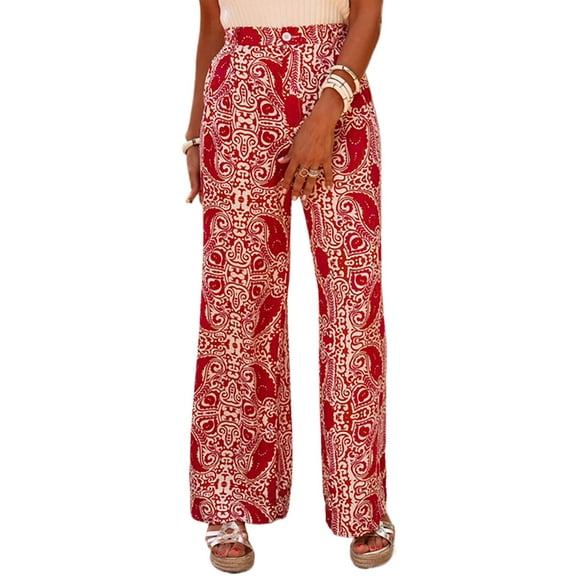 Women's Red Paisley Printed High Waist Straight Leg Pants with Button Detailing - [ZhiHiMeRi] | (US 12-14)L