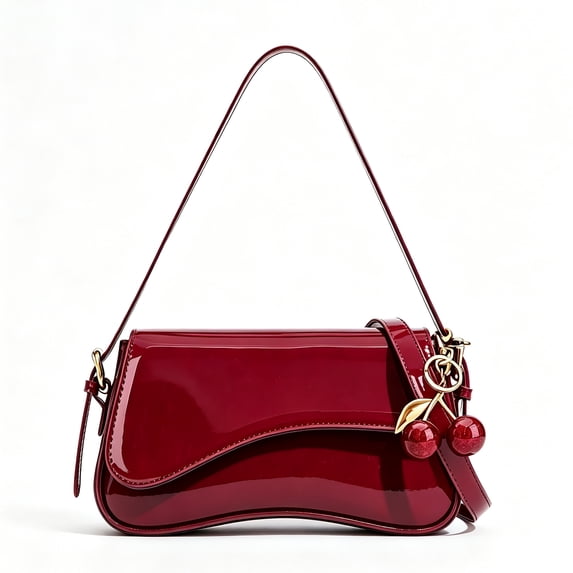 Women's Red Patent Leather Shoulder Bag with Curved Flap Design