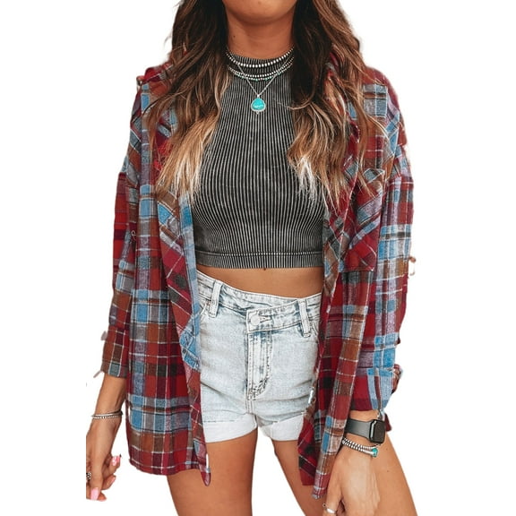 Women's Red Plaid Print Loose Vintage Shirt | [ZhiHiMeRi] | (US 20-22)2XL