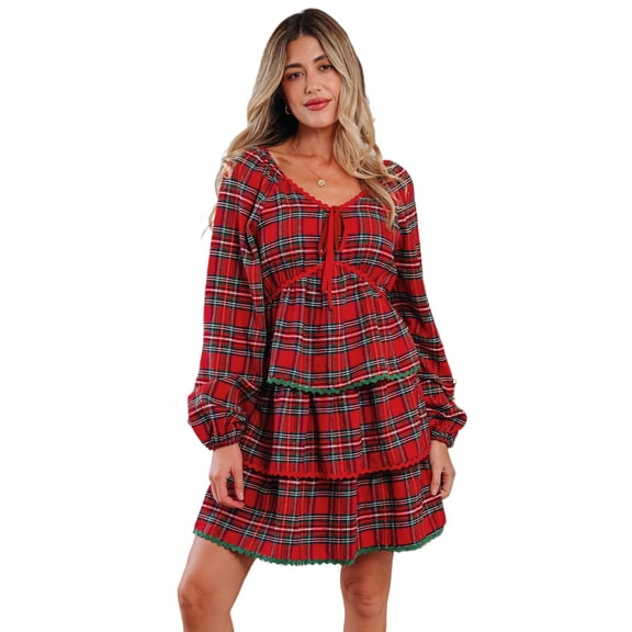 Women's Red Plaid Print Mini Dress – Casual Tiered Bubble Sleeve for Daily Wear, S