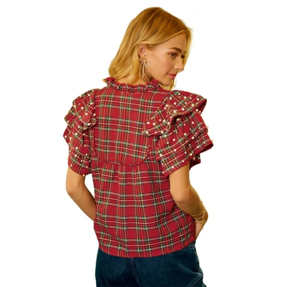 Women's Red Plaid Ruffle Short Sleeve Blouse with Pearl Embellishments – Casual Daily Wear for Festive Occasions | XL