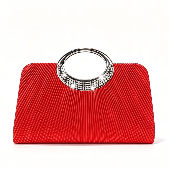 Women’s Red Pleated Evening Clutch Bag with Rhinestone Handle, Elegant Formal Party Wedding Prom Handbag, Crossbody Shoulder Chain Evening Bag